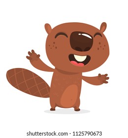 Happy cartoon beaver laughing. Brown beaver character. Vector illustration clipart. Big set of forest animals