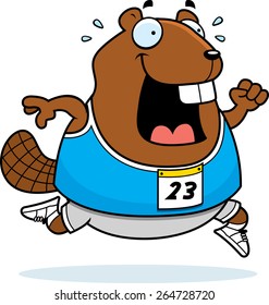 A happy cartoon beaver running in a race.