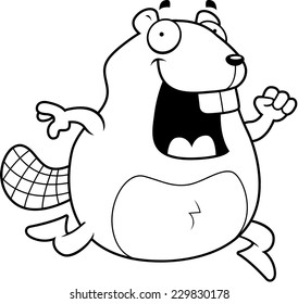 A happy cartoon beaver running and smiling.