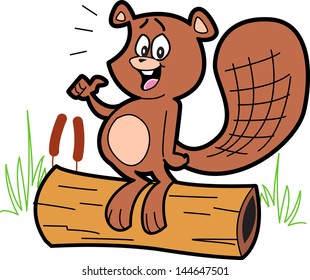 Happy Cartoon Beaver Standing On a Log