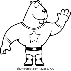 A happy cartoon beaver superhero waving and smiling.