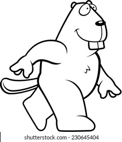 A happy cartoon beaver walking and smiling.