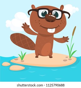 Happy cartoon beaver wearing eyeglasses. Brown beaver character. Vector illustration isolated on simple nature background