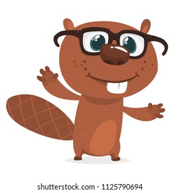 Happy cartoon beaver wearing eyeglasses. 