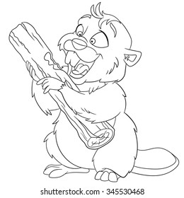 happy cartoon beaver with a wood piece, vector illustration cartoon