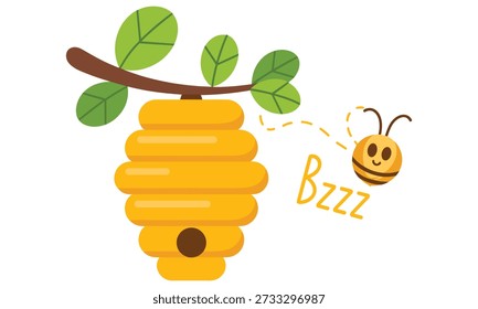 Happy cartoon bee flies back to its beehive which is attached to a branch with green leaves on a white background with bzzz text written beside it symbolizing a welcoming home for the smiling bee with a simplistic and cute illustration style.