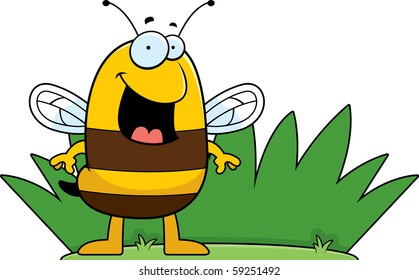 A happy cartoon bee standing in the grass.