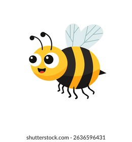 Happy cartoon bee with yellow and black stripes, tiny wings, and cute expression. Ideal for children's books, stickers, and educational visuals