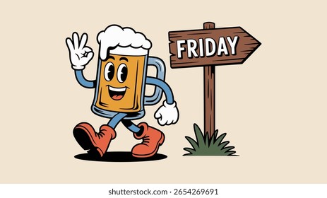 Happy cartoon beer mug character walking towards a friday sign