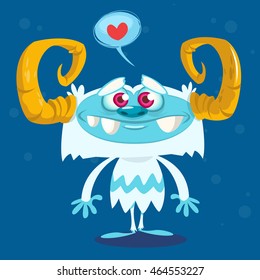 Happy cartoon bigfoot in love. Halloween vector yeti character with white fur and horns isolated on blue background