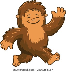 happy cartoon Bigfoot waving hand illustration