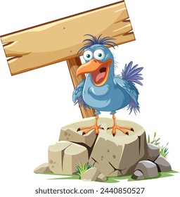 A happy cartoon bird standing on a stump