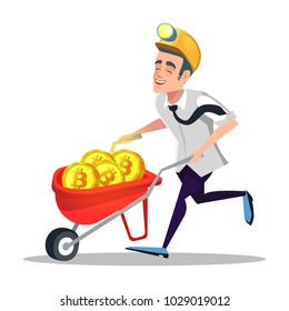 Happy Cartoon Bitcoin Miner with Pushcart Full of Golden Coins. Cryptocurrency Mining Technology. Vector illustration