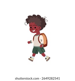 Happy cartoon black boy with curly hair walking with a backpack. Flat vector illustration of a smiling school child, perfect for educational materials, back-to-school design projects.