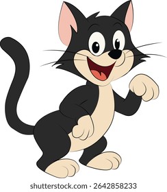 Happy cartoon black cat character with beige belly, smiling and standing on two legs, raising one paw, isolated on white background, funny and playful animal illustration for kids.