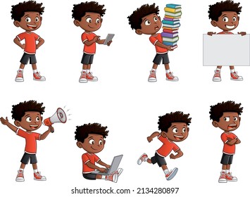 Happy Cartoon Black Kid In Different Activities. Mascot Boy With Different Poses And Emotions.

