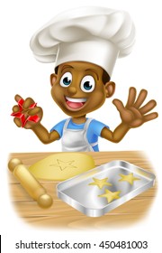 A happy cartoon black little boy child chef making cookies in a big chefs hat