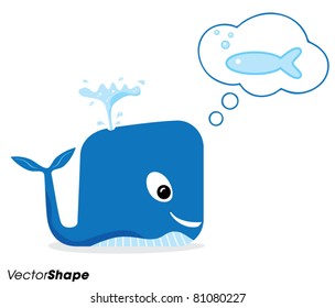 Happy cartoon blue whale thinking of fish vector illustration