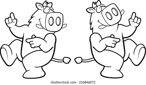 A happy cartoon boar dancing and smiling.