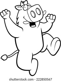 A happy cartoon boar jumping and smiling.