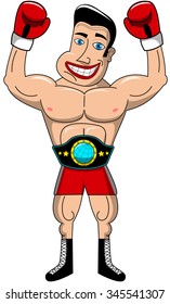 Happy cartoon boxer wearing championship belt and boxing gloves exulting isolated 