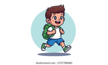 A happy cartoon boy with a backpack running, illustration for school or travel.