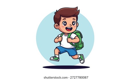 A happy cartoon boy with a backpack running, illustration for school or travel