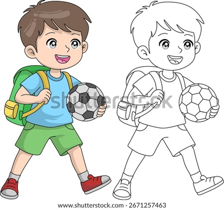 happy cartoon boy with a backpack and a soccer ball, presented in both full color and black and white outline versions. Ready for school or playing sports. Vector illustration