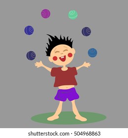 happy cartoon boy with    balls  vector illustration