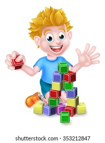 A happy cartoon boy child kid playing with building or learning blocks