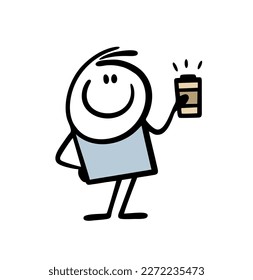 Happy cartoon boy with coffee mug and hot drink in cafe. Vector illustration of stick figure boy and tea cup.