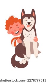 Happy cartoon boy cuddle husky puppy flat icon. Vector illustration