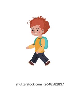 Happy cartoon boy with curly hair walking with a backpack. Flat vector illustration of a smiling school child, perfect for educational materials, back-to-school themes, or children’s design projects.