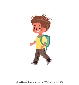 Happy cartoon boy with curly hair walking with a backpack. Flat vector illustration of a smiling school child, perfect for educational materials, back-to-school themes, or children’s design projects.