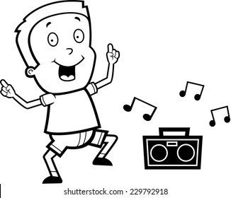 A happy cartoon boy dancing and smiling.
