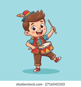 Um feliz menino de desenhos animados vestido com um uniforme de banda marcial, completo com um chapéu e colete, entusiasticamente tocando um tambor com paus.