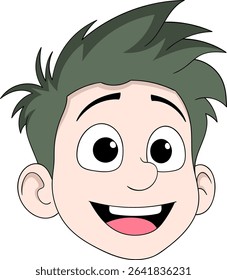 Happy cartoon boy face with large expressive eyes, spiky greenish black hair, and a bright smile