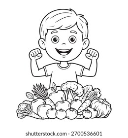 A happy cartoon boy flexes his muscles in front of a pile of fruits and vegetables.