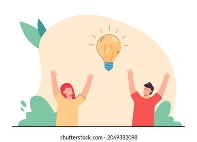 Happy cartoon boy and girl with creative idea. Lightbulb above cheerful children flat vector illustration. Teamwork, creativity, inspiration concept for banner, website design or landing web page