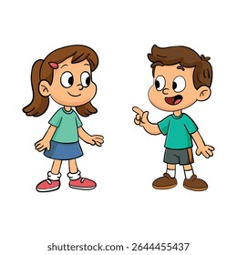 Happy Cartoon Boy and Girl Interacting Playfully, Ideal for Educational or Children's Media