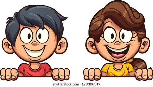 Happy cartoon boy and girl peeking out. Vector clip art illustration with simple gradients. Each on a separate layer. 
