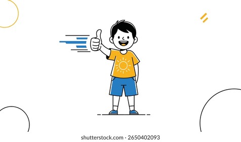 Happy cartoon boy giving thumbs up with speed lines and sunny day symbol