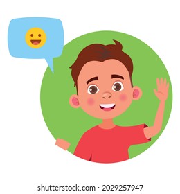 Happy cartoon boy greets with his hand raised