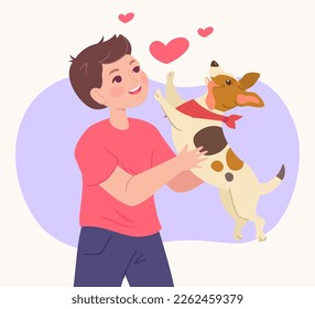 Happy cartoon boy holding adorable puppy. Child playing with cute dog flat vector illustration. Pets or domestic animals, childhood, happiness, friendship concept for banner or website design