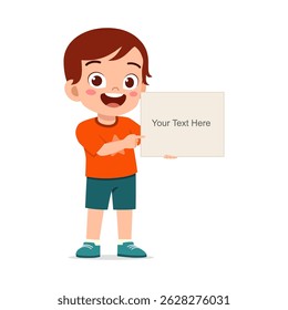 Happy Cartoon Boy Holding Sign and Pointing at Text, Smiling and Cheerful