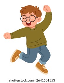 Happy cartoon boy jumping with excitement, wearing glasses, green sweater, jeans, and sneakers. Cheerful flat vector illustration perfect for children’s books, school materials, educational designs