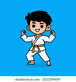 Ein fröhlicher Cartoon-Junge in Karate-Position, der eine weiße Kampfsportuniform mit gelbem Gürtel trägt und selbstbewusst auf hellblauem Hintergrund steht.