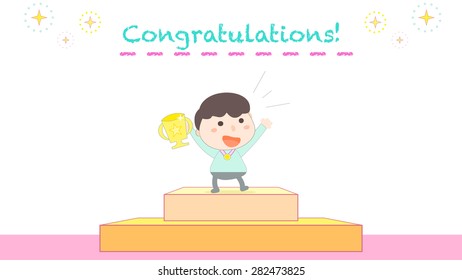 A happy cartoon boy kid character holding a gold trophy standing on a stage. Top one champion winner competition award ceremony celebration party event illustration, vector. HD tv screen size template