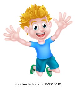 A happy cartoon boy kid jumping for joy.