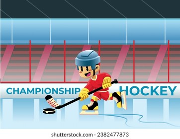 Happy Cartoon Boy Kid Playing Hockey Game in Stadium